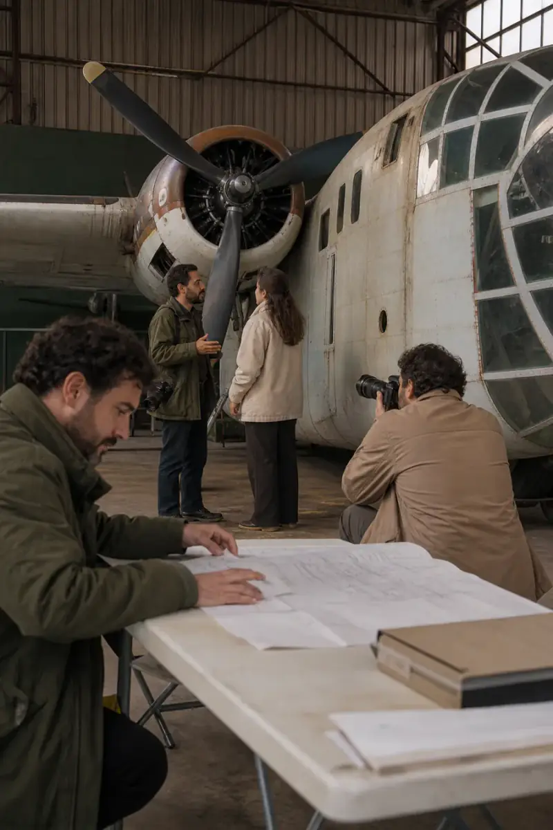 Equipa editorial a documentar uma aeronave clássica dentro de um hangar
