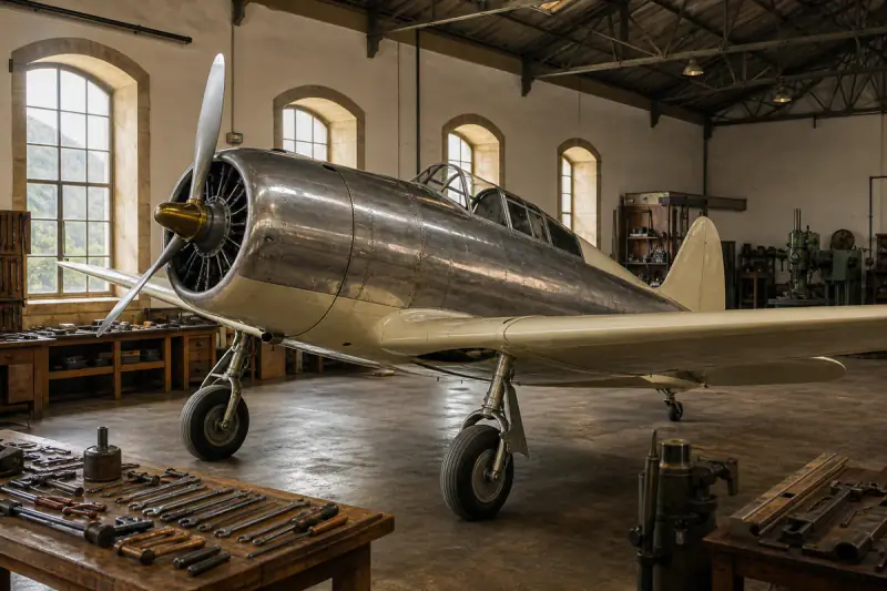 Avião clássico restaurado com fuselagem em metal polido dentro de um hangar histórico