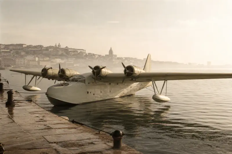 Hidroavião histórico amarrado no estuário do Tejo com Lisboa ao fundo