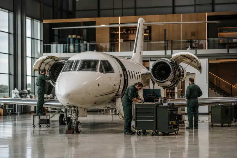 Especialistas junto a um avião com capotas de motor abertas num hangar do Porto