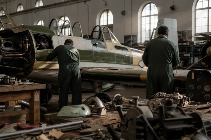 Dois técnicos a restaurar um pequeno avião de instrução numa oficina em Sintra